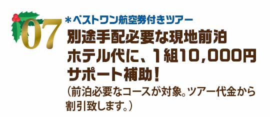 別途手配必要な現地前泊ホテル代に、1組10,000円サポート補助!